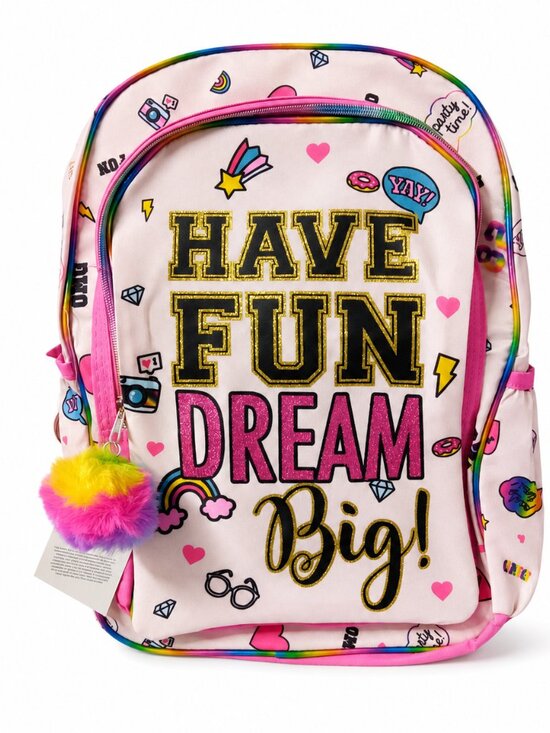 Other - Girls Pink Rainbow Glitter Backpack Pom Pom Have Fun Dream Big School Bag